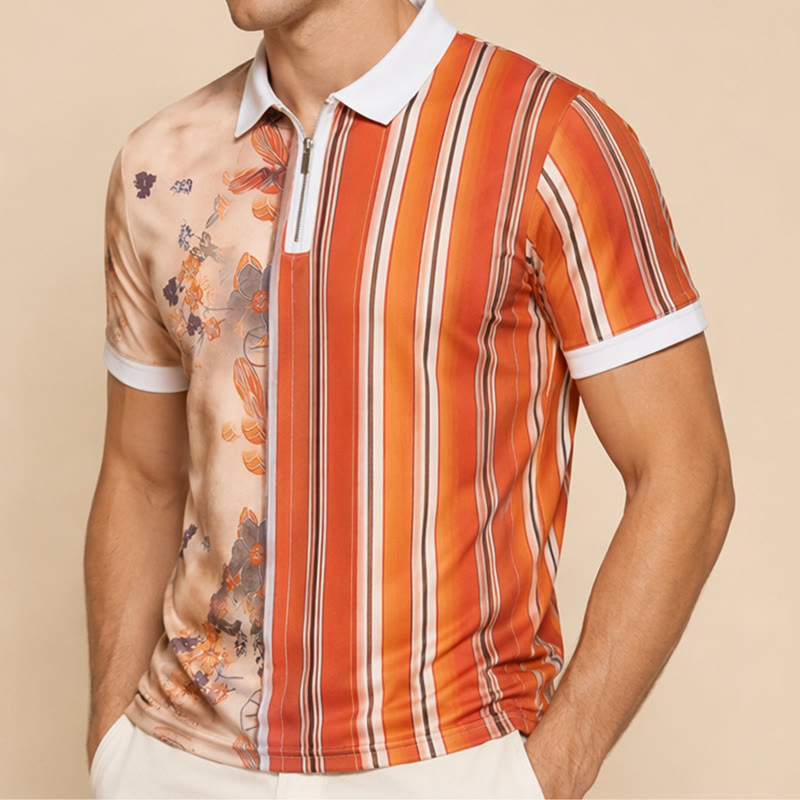 Polo con colletto a zip e stampa 3D a righe floreali. - image 3