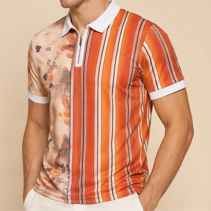 Polo con colletto a zip e stampa 3D a righe floreali. - image 3