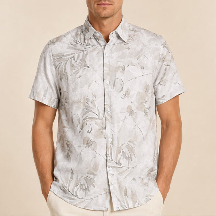 Camicia da uomo vintage grigia con stampa floreale a foglie, leggera e casual. - image 1