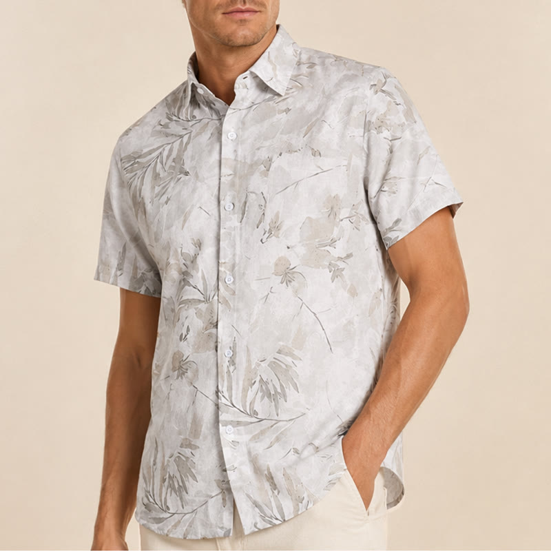 Camicia da uomo vintage grigia con stampa floreale a foglie, leggera e casual. - image 3