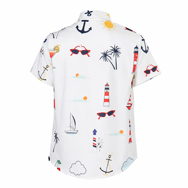 Camicia da uomo a maniche corte estiva hawaiana con stampa a palme e motivo nautico, ideale per cocktail e stile nautico. - image 10