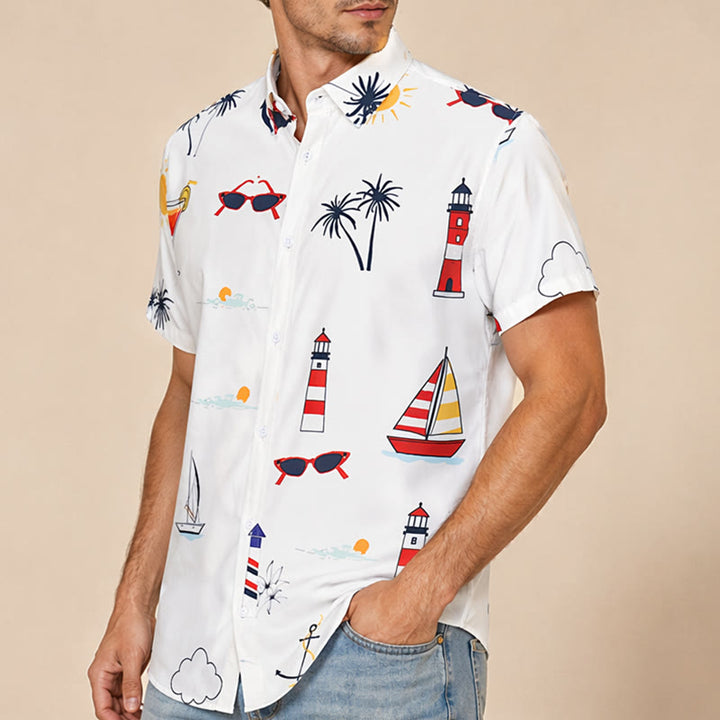 Camicia da uomo a maniche corte estiva hawaiana con stampa a palme e motivo nautico, ideale per cocktail e stile nautico. - image 3