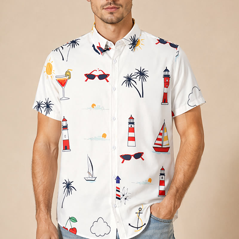 Camicia da uomo a maniche corte estiva hawaiana con stampa a palme e motivo nautico, ideale per cocktail e stile nautico. - image 1