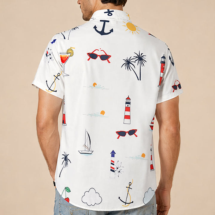 Camicia da uomo a maniche corte estiva hawaiana con stampa a palme e motivo nautico, ideale per cocktail e stile nautico. - image 2