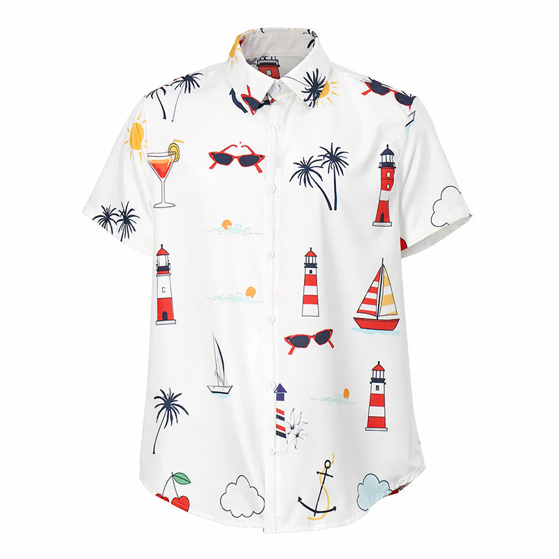 Camicia da uomo a maniche corte estiva hawaiana con stampa a palme e motivo nautico, ideale per cocktail e stile nautico. - image 9