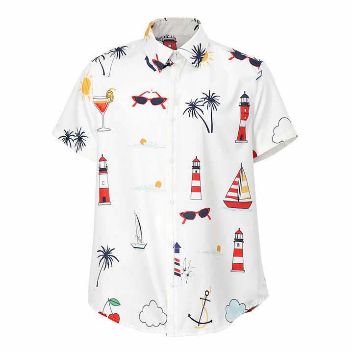 Camicia da uomo a maniche corte estiva hawaiana con stampa a palme e motivo nautico, ideale per cocktail e stile nautico. - image 9