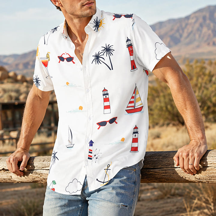 Camicia da uomo a maniche corte estiva hawaiana con stampa a palme e motivo nautico, ideale per cocktail e stile nautico. - Stile n. 1 - 4XL - image 0