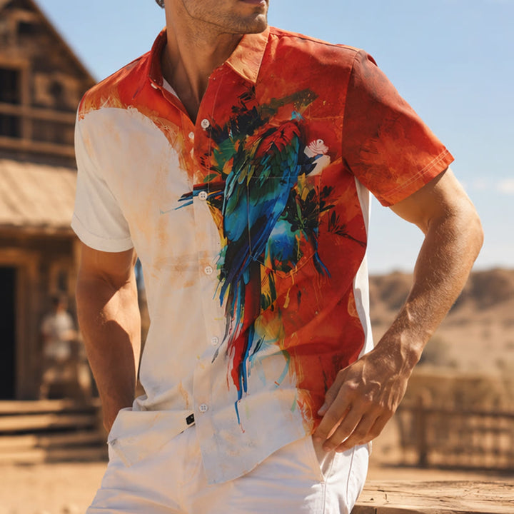 Camicia hawaiana da uomo con stampa graffiti e pappagallo a blocchi di colore. - Stile n. 1 - 4XL - image 0