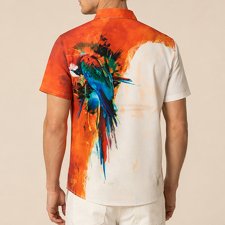 Camicia hawaiana da uomo con stampa graffiti e pappagallo a blocchi di colore. - image 2