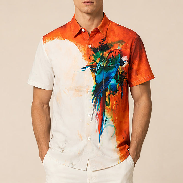 Camicia hawaiana da uomo con stampa graffiti e pappagallo a blocchi di colore. - image 1