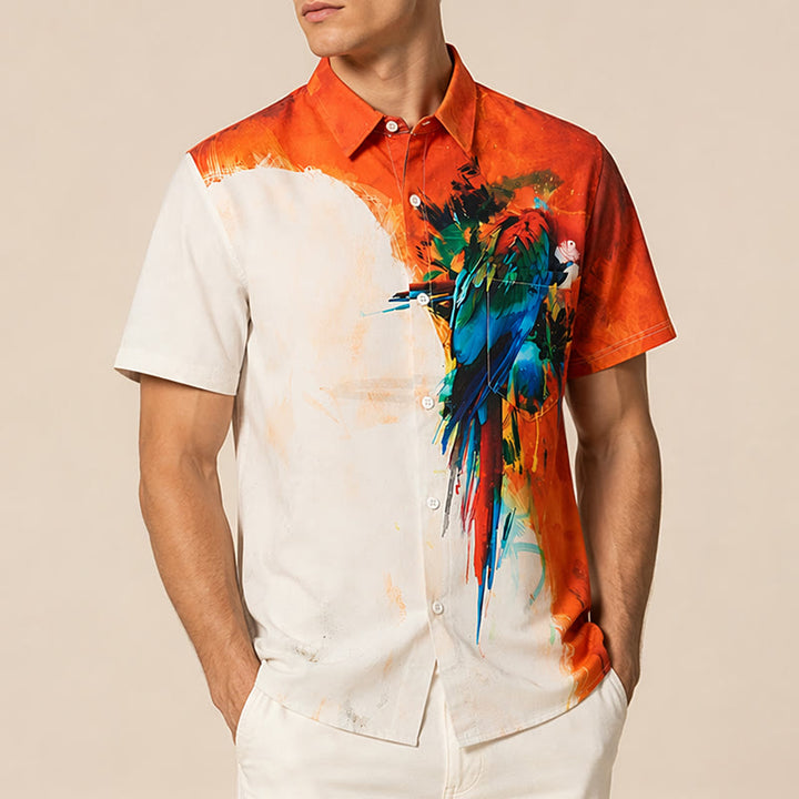 Camicia hawaiana da uomo con stampa graffiti e pappagallo a blocchi di colore. - image 3