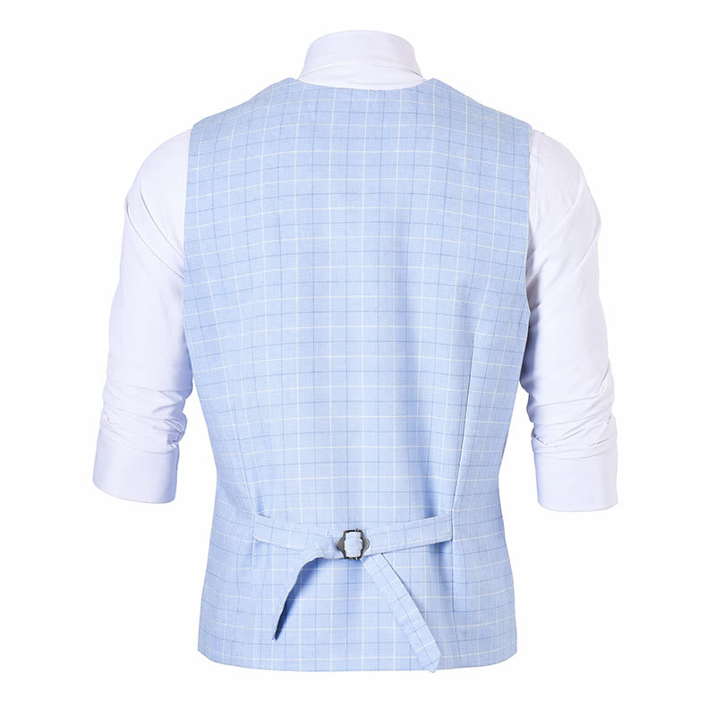 Gilet da sposo a quadri azzurro con scollo a V - image 10
