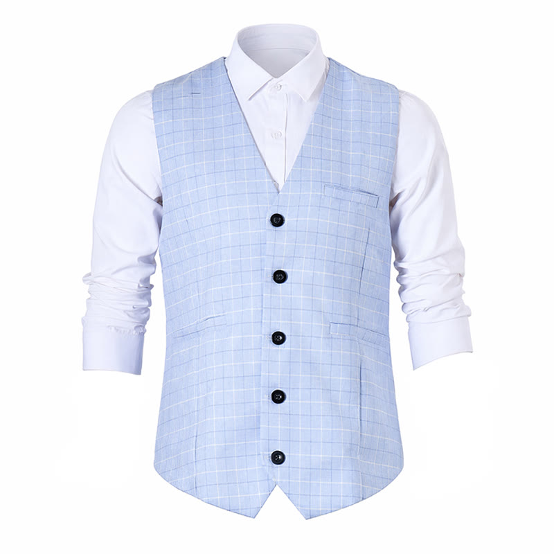 Gilet da sposo a quadri azzurro con scollo a V - image 9