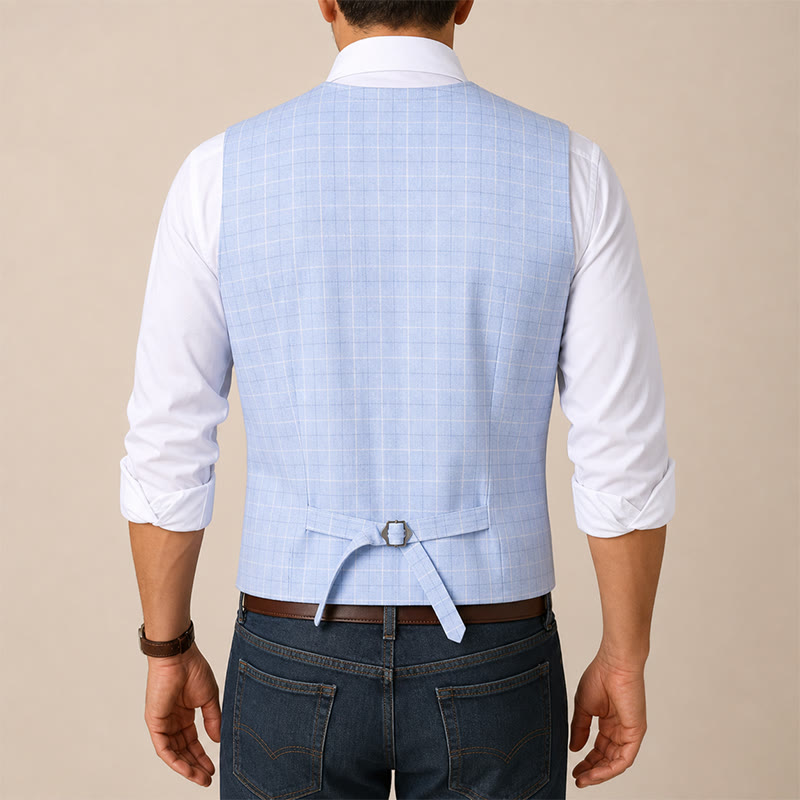 Gilet da sposo a quadri azzurro con scollo a V - image 2