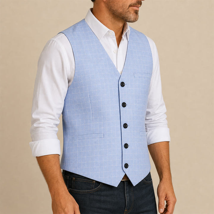 Gilet da sposo a quadri azzurro con scollo a V - image 3