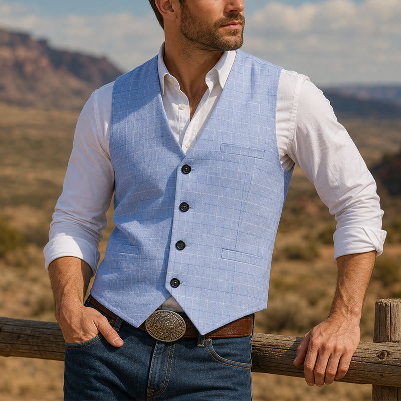 Gilet da sposo a quadri azzurro con scollo a V - Azzurro chiaro - 3XL - image 0