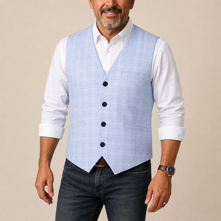 Gilet da sposo a quadri azzurro con scollo a V - image 1