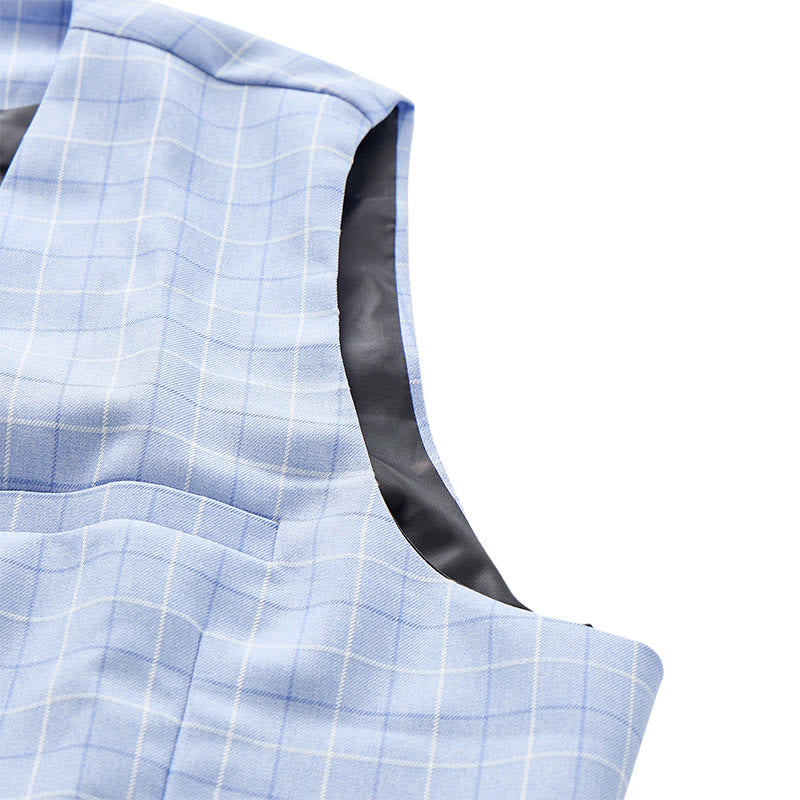 Gilet da sposo a quadri azzurro con scollo a V - image 8