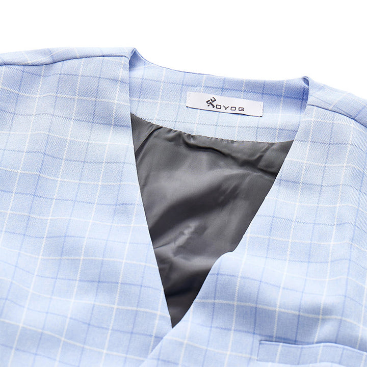 Gilet da sposo a quadri azzurro con scollo a V - image 4