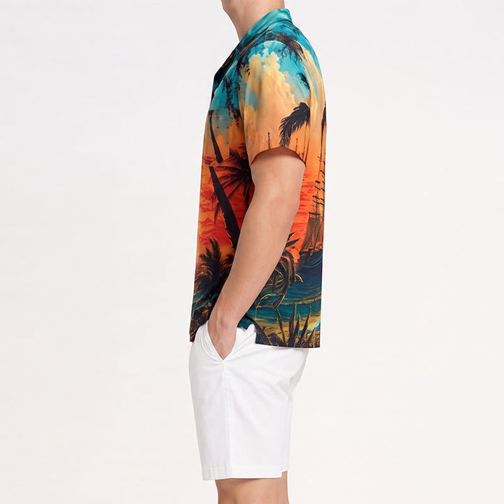 Camicia da uomo estiva con stampa di tramonto sulla spiaggia tropicale. - image 2