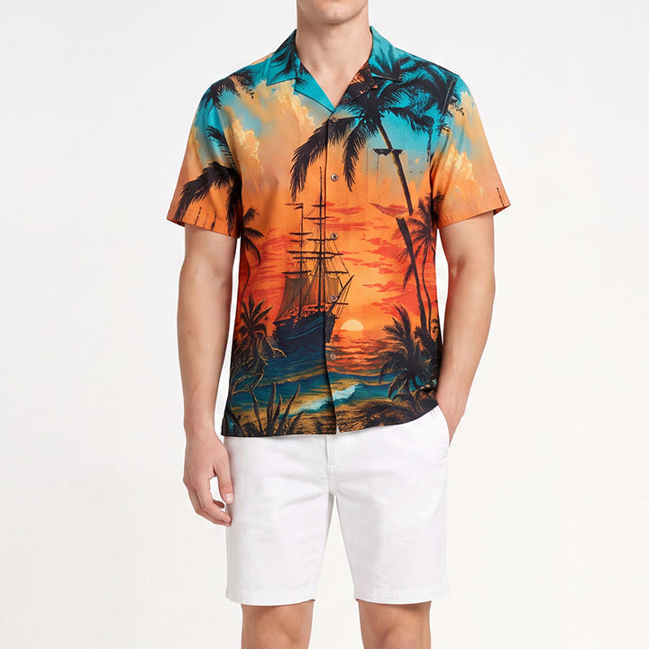 Camicia da uomo estiva con stampa di tramonto sulla spiaggia tropicale. - image 1