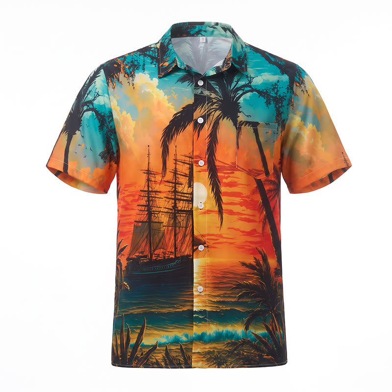 Camicia da uomo estiva con stampa di tramonto sulla spiaggia tropicale. - image 9