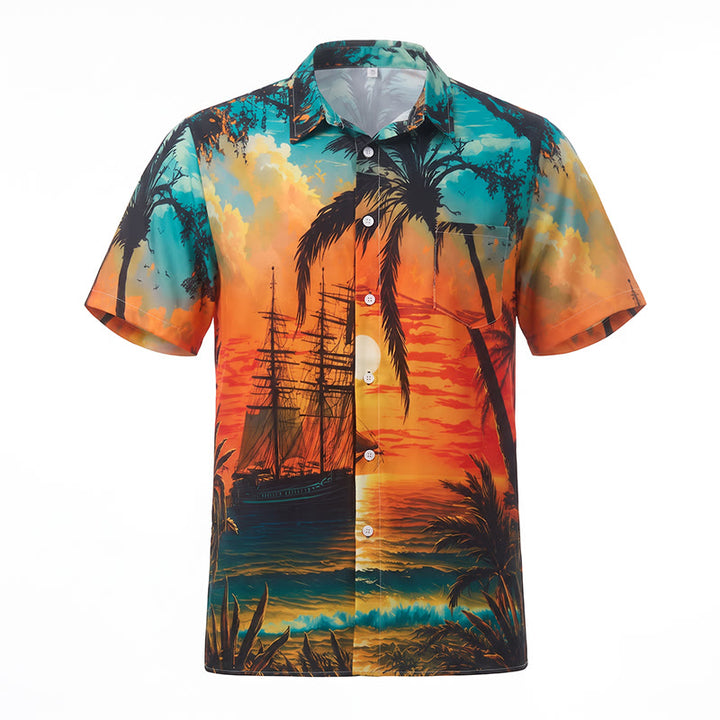 Camicia da uomo estiva con stampa di tramonto sulla spiaggia tropicale. - image 9