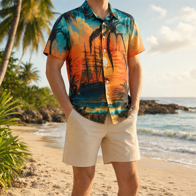 Camicia da uomo estiva con stampa di tramonto sulla spiaggia tropicale. - Stile n. 1 - 3XL - image 0