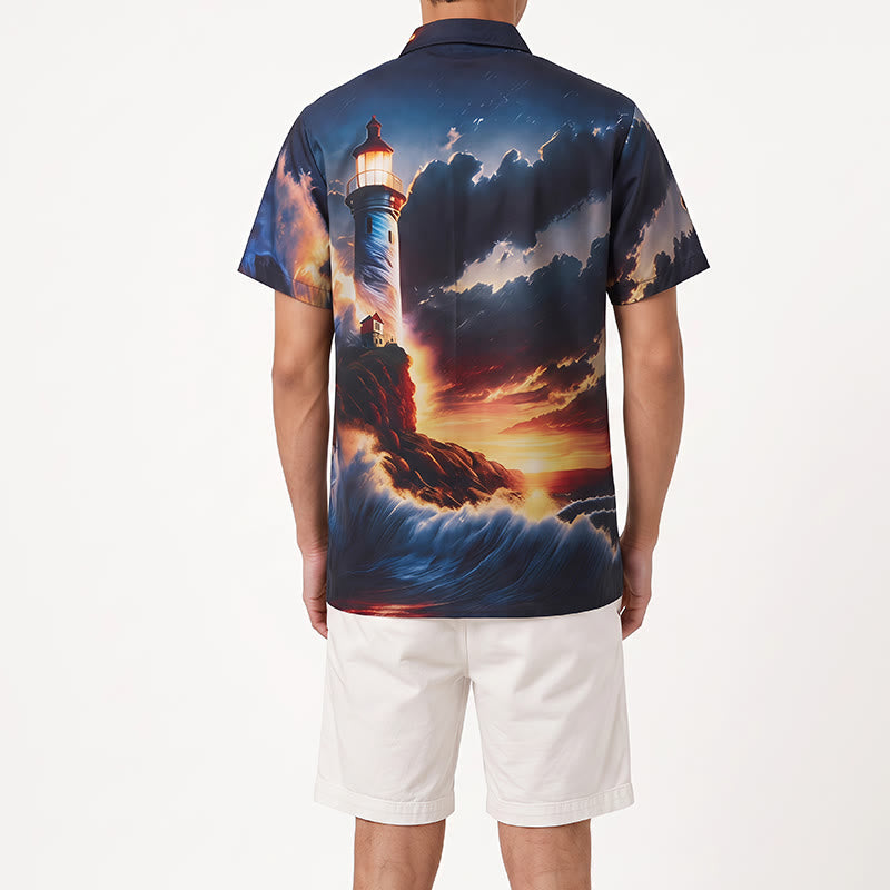 Camicia da uomo con stampa 3D "Vacanze estive: oceano, faro, tramonto, onde". - image 3