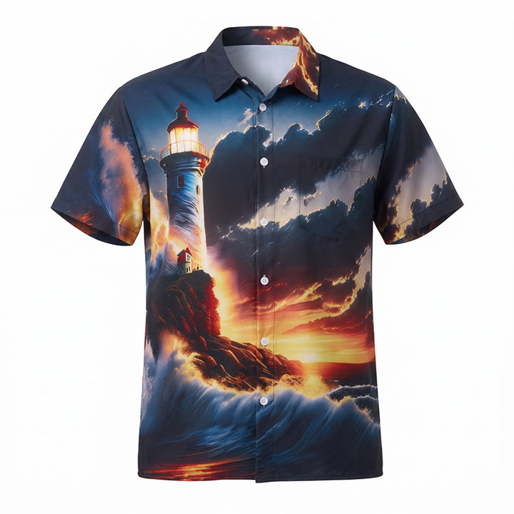 Camicia da uomo con stampa 3D "Vacanze estive: oceano, faro, tramonto, onde". - image 9