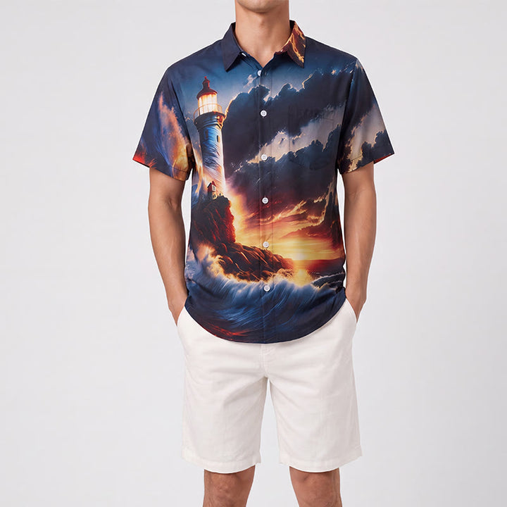 Camicia da uomo con stampa 3D "Vacanze estive: oceano, faro, tramonto, onde". - image 1