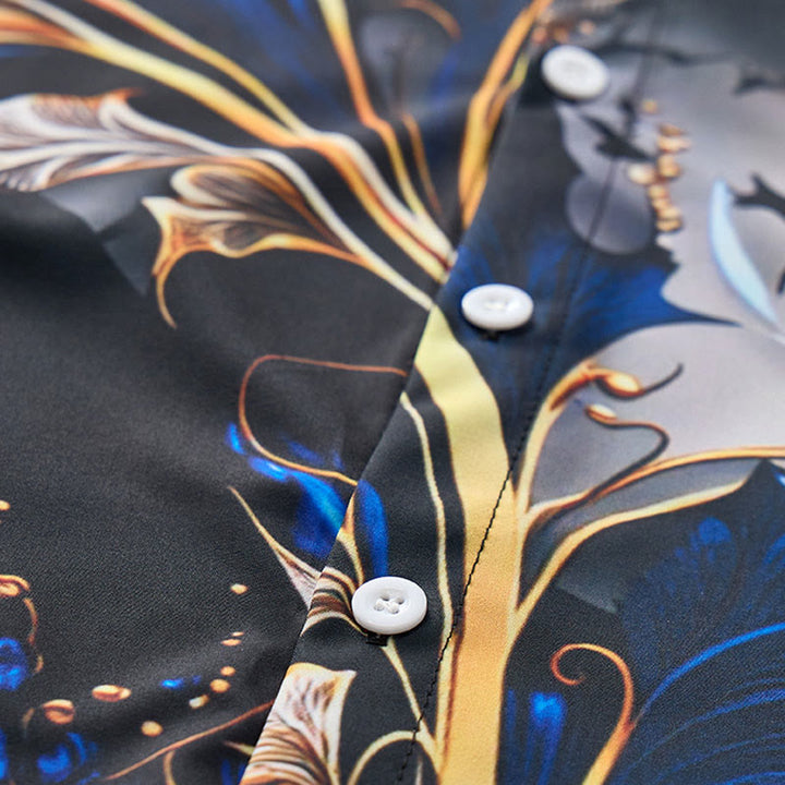 Camicia casual da uomo di lusso con stampa a foglie blu oro e bottoni - image 5