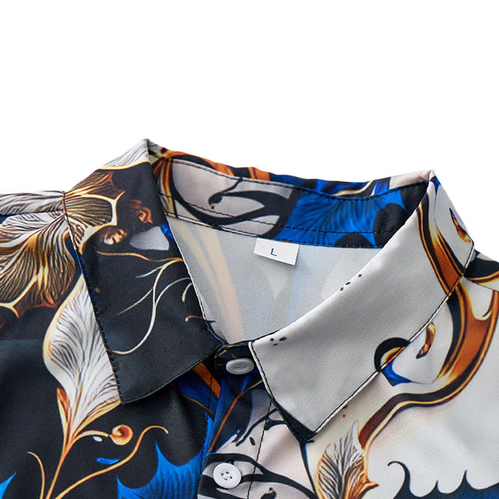 Camicia casual da uomo di lusso con stampa a foglie blu oro e bottoni - image 4