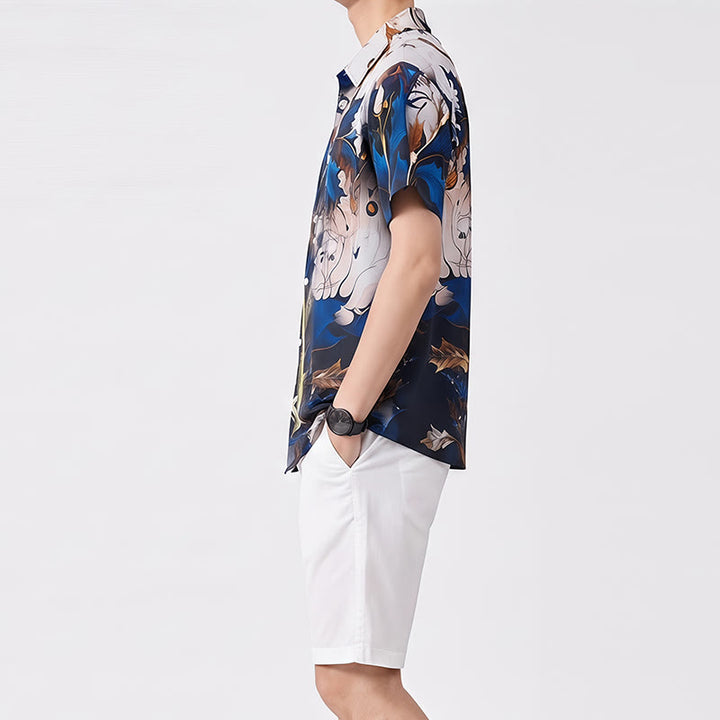 Camicia casual da uomo di lusso con stampa a foglie blu oro e bottoni - image 2