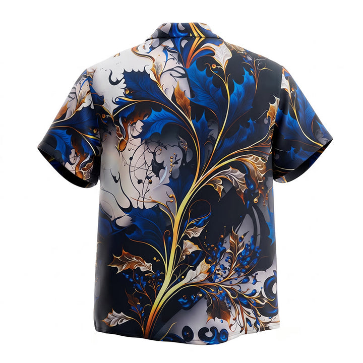 Camicia casual da uomo di lusso con stampa a foglie blu oro e bottoni - image 9