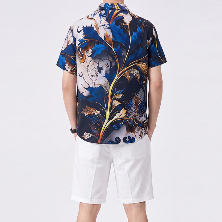 Camicia casual da uomo di lusso con stampa a foglie blu oro e bottoni - image 3