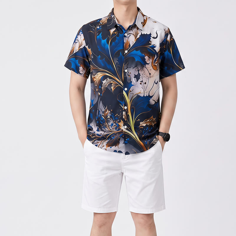 Camicia casual da uomo di lusso con stampa a foglie blu oro e bottoni - image 1