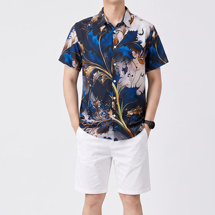 Camicia casual da uomo di lusso con stampa a foglie blu oro e bottoni - image 1