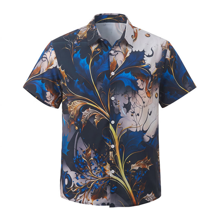 Camicia casual da uomo di lusso con stampa a foglie blu oro e bottoni - image 10