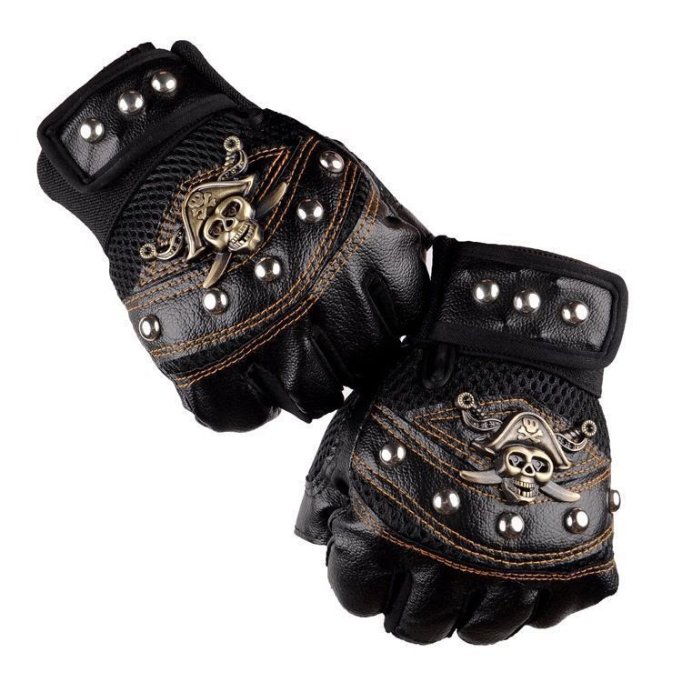 Guanti da esterno in pelle a mezze dita con teschio da pirata e borchie da motociclista - Nero - Taglia unica - image 0