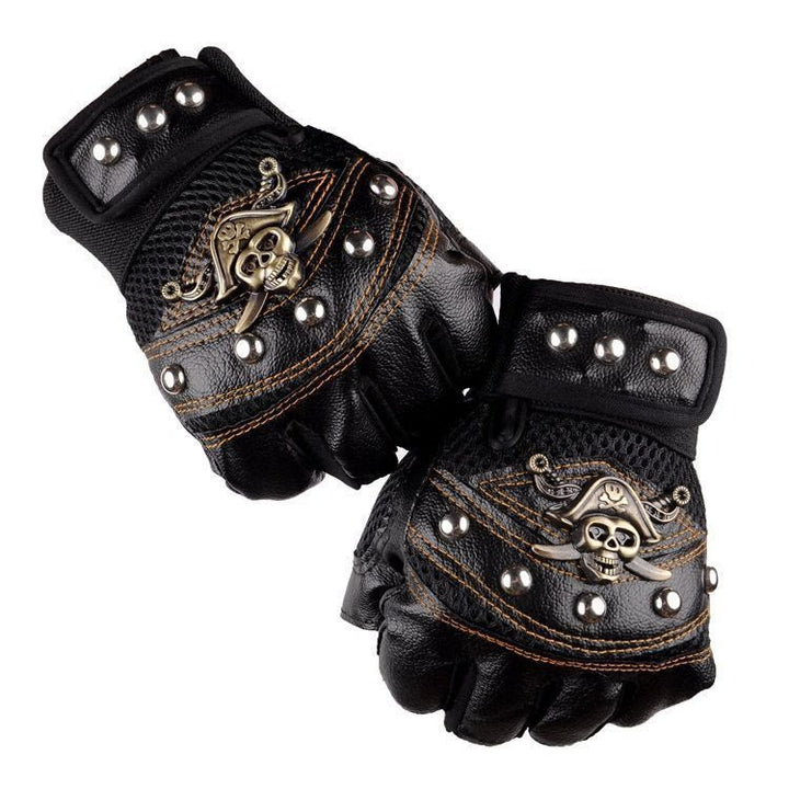 Guanti da esterno in pelle a mezze dita con teschio da pirata e borchie da motociclista - Nero - Taglia unica - image 0
