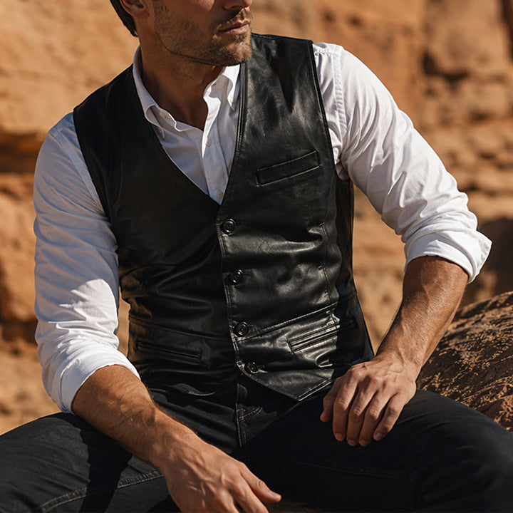 Gilet da uomo in similpelle stile western vintage da cowboy/biker - Nero - 5XL - image 4