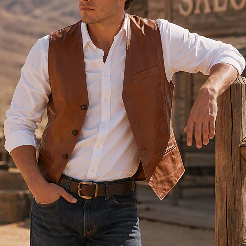 Gilet da uomo in similpelle stile western vintage da cowboy/biker - Marrone - 5XL - image 0