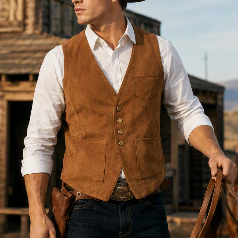 Gilet da cowboy tradizionale da uomo, marrone, ideale per il West. - Marrone - 3XL - image 0
