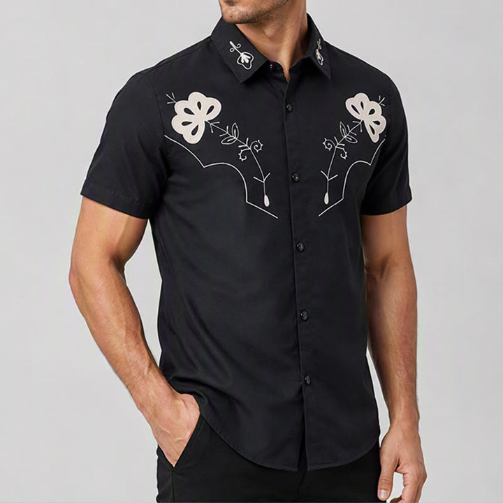 Camicia da cowboy nera con stampa floreale in stile western. - image 3
