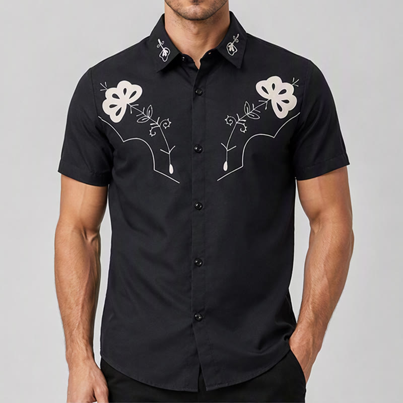 Camicia da cowboy nera con stampa floreale in stile western. - image 1