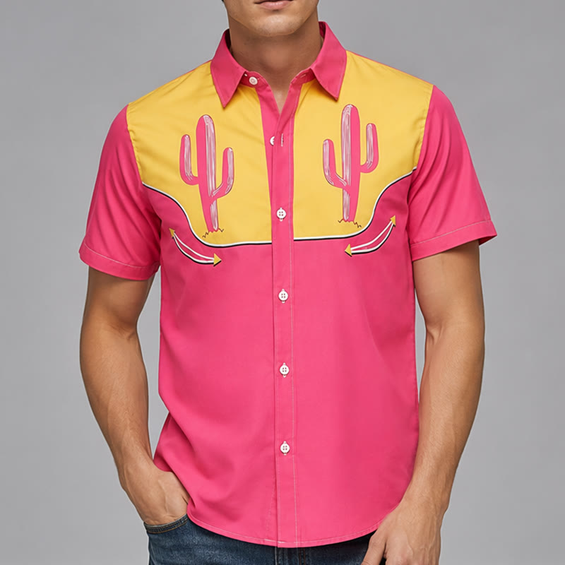 Camicia western rosa acceso e gialla con motivo a cactus - image 1