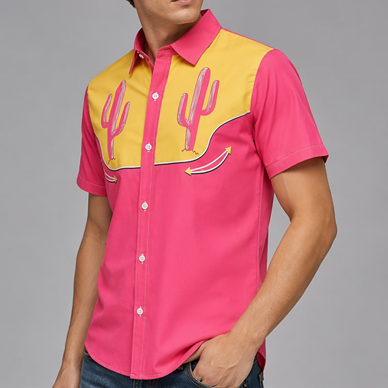 Camicia western rosa acceso e gialla con motivo a cactus - image 3