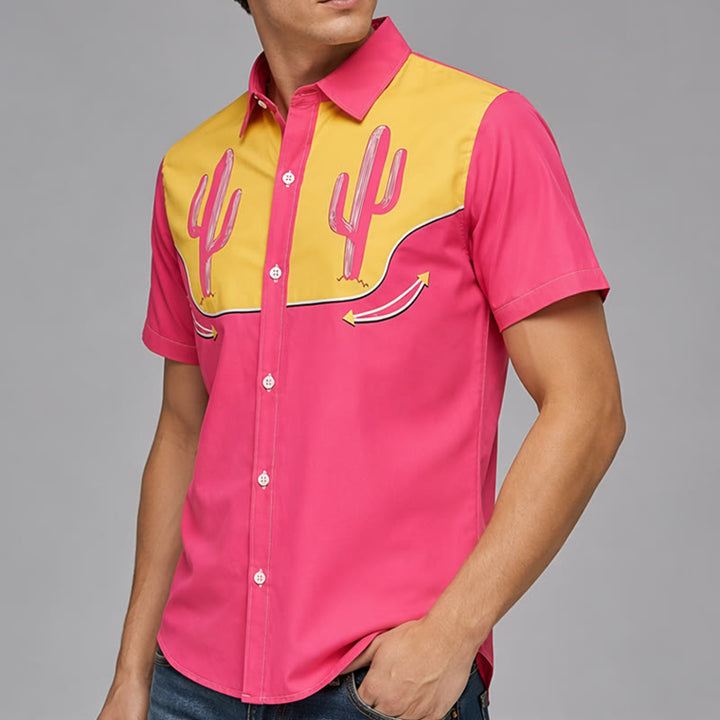 Camicia western rosa acceso e gialla con motivo a cactus - image 3