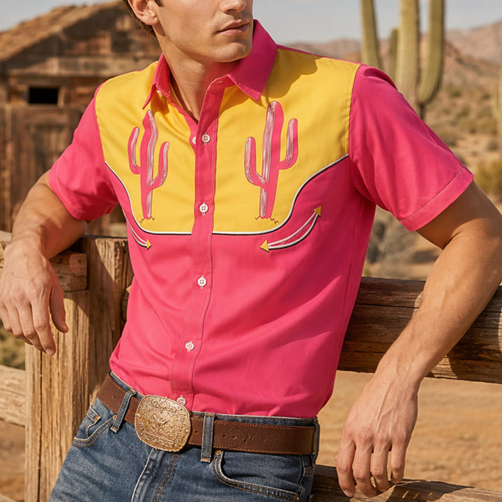 Camicia western rosa acceso e gialla con motivo a cactus - Rosa acceso e giallo - 5XL - image 0